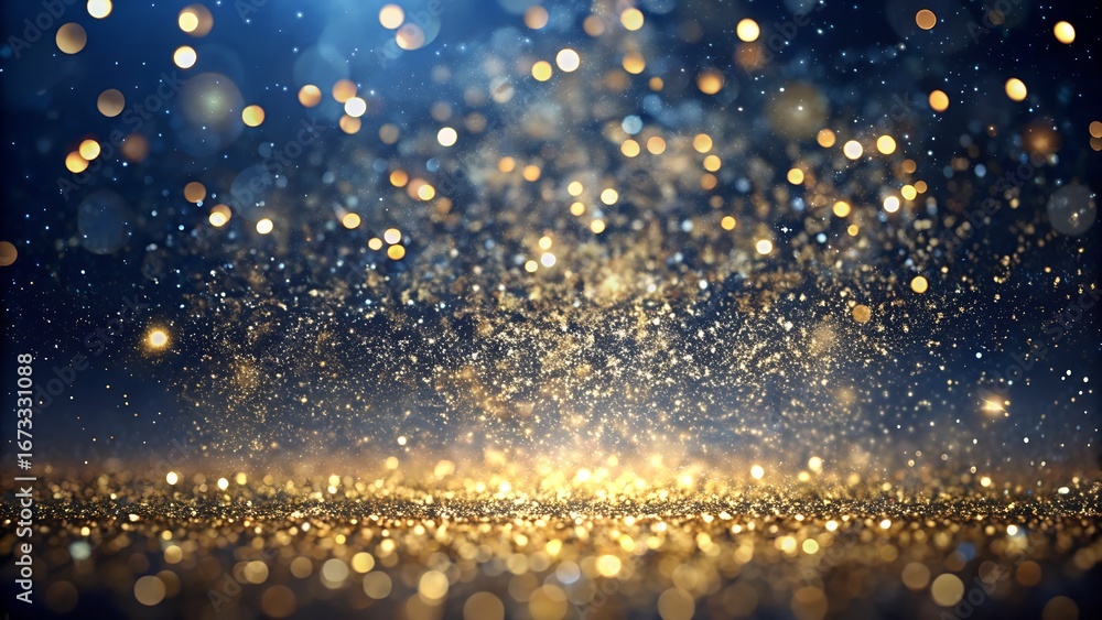 Obraz premium Golden Glitter Explosion on Dark Blue Background for Celebration or Festive Design