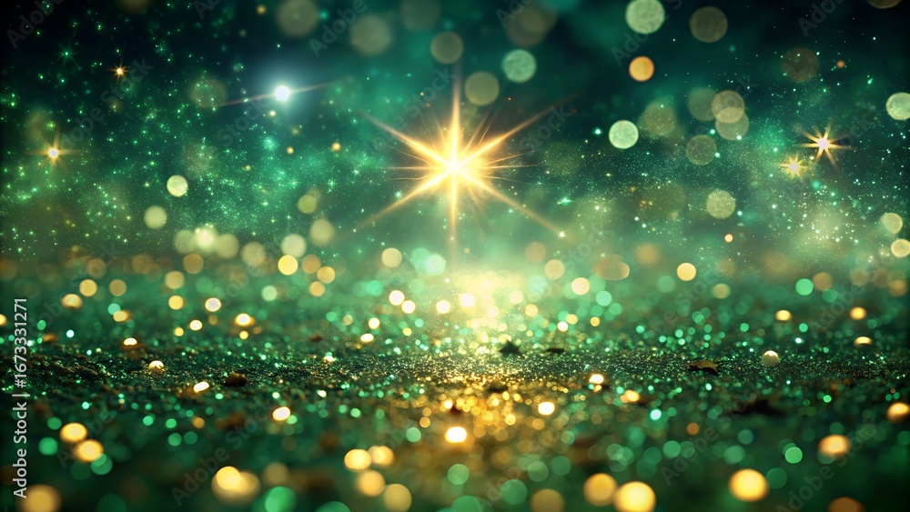 Naklejka premium Emerald Green Glitter and Bokeh with a Central Starburst for a Magical Effect