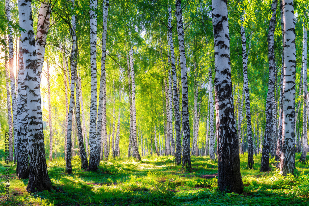 Obraz premium Sunlit birch forest green leaves sunlight through trees nature scene
