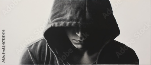 A moody figure in a dark hoodie reflecting inner thoughts.
