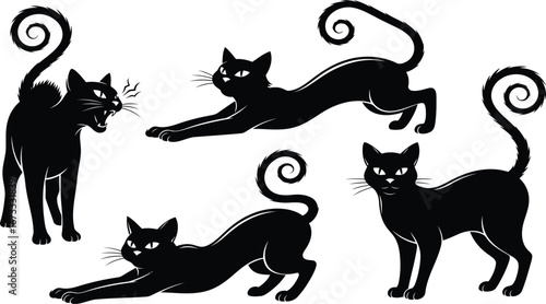 Playful black cat silhouettes in various poses, perfect for Halloween designs or creative projects, ready for spooky fun