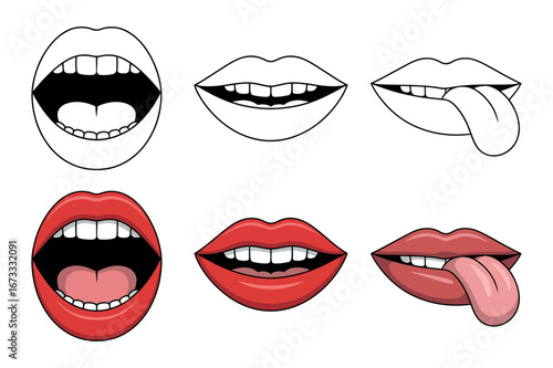 Expressive Mouth Illustrations Set with Open, Closed, and Tongue-Out Poses on Transparent Background for Design Projects
