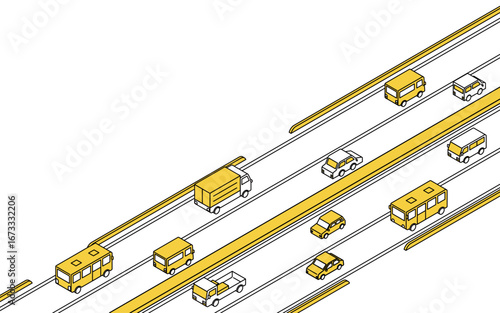 中央分離帯のある片側二車線道路のシンプルな線画アイソメトリックイラスト