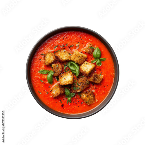Delicious Gazpacho Soup with Toasted Croutons and Fresh Basil