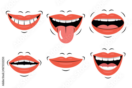 Cartoon Mouth Expressions Set with Happy, Smiling, and Playful Faces for Animation and Graphic Design Projects