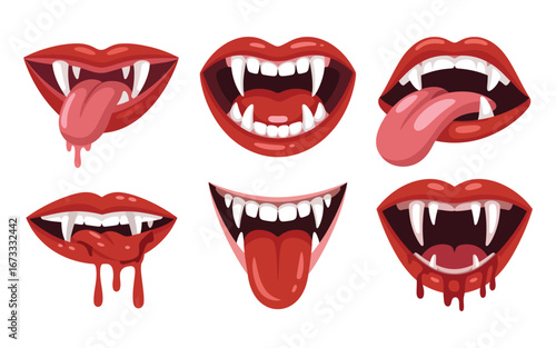 Cartoon Vampire Mouths Vector Set with Fangs and Tongue Expressions on White Background for Graphic Design