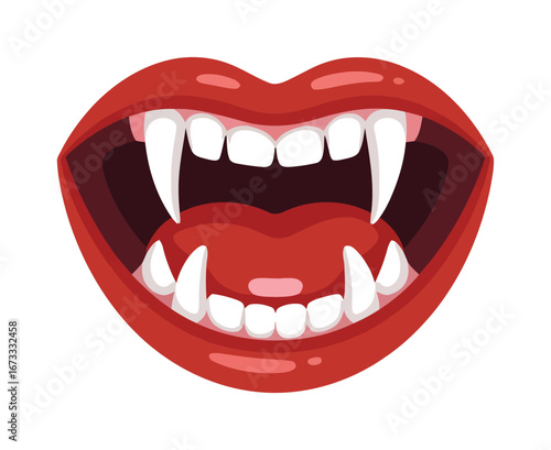 Cartoon Vampire Mouth Vector Illustration with Sharp Fangs and Red Lips on White Background for Design
