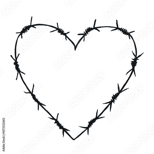 Hand drawn punk rock musical doodle. Whimsical crayon sketch heart with barbed wire, grafitti icon, sticker, scribble for tattoo, poster, disco retro party. Grunge music element. Isolated vector illus