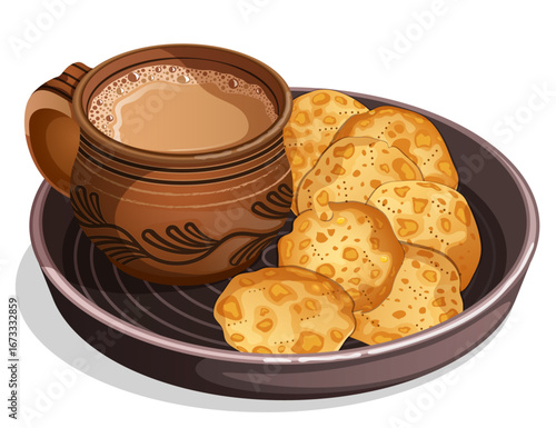 Desi Chai in Earthen Cup with Thattai Served in Thali. Indian Festive Tea Snacks Detailed Illustration