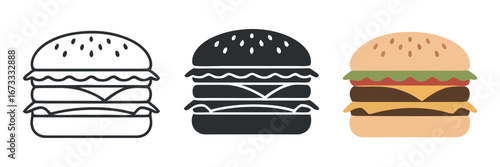 Detailed Outline of a Delicious Double Patty Burger with Lettuce, Cheese, and Sesame Seed Bun on Transparent