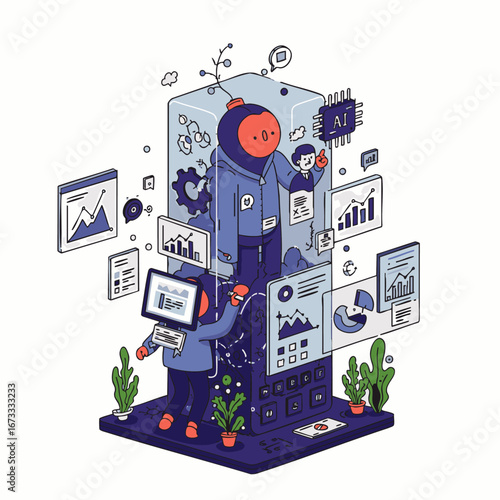 This vibrant isometric illustration visualizes the dynamic synergy of artificial intelligence, data processing, and digital innovation, featuring characters interacting with advanced tech.