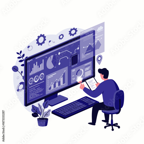 A professional meticulously analyzes complex data visualizations on a large monitor, enhancing digital workflow with a tablet in a modern tech environment.