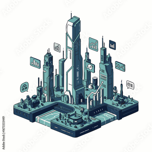 A sleek isometric illustration portrays a futuristic smart city, showcasing innovative architecture and integrated digital data visualizations, symbolizing technological advancement.