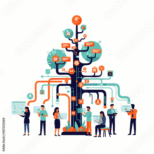 A diverse team of professionals collaborates around a complex digital ecosystem represented by a vibrant data tree, illustrating interconnected business intelligence and technological growth.