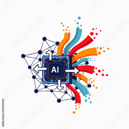 An AI processor, central to a digital network, efficiently processes and distributes vibrant data, symbolizing technological innovation and system connection.