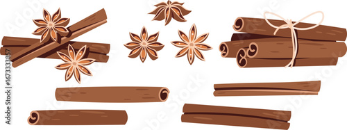 Cinnamon Sticks and Star Anise Design Elements Set, Flat Vector Illustrations Isolated on White. Autumn Spices Collection for Food Packaging. Ideal for Label, Sticker, Recipe Book. Cozy Rustic Style