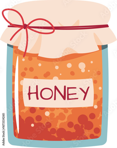 Honey Jar Flat Vector Illustration Isolated on White. Natural Honey Design for Food Packaging, Labels, Beekeeping Logos, Farmer's Market Branding. Ideal for Stickers, Recipe Books, Organic Products