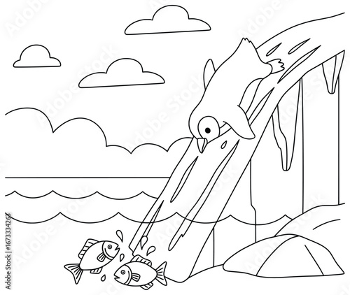 Penguin vector illustration featuring a penguin sliding down an icy slope toward fishes in the ocean with clouds and waves in a clean cartoon line art style designed for creative coloring projects