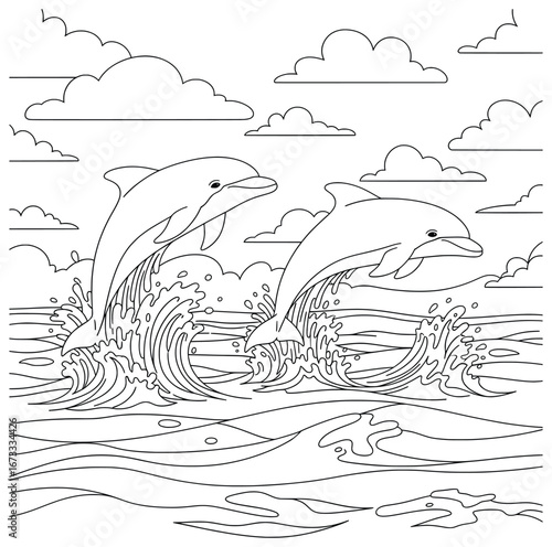 Dolphin vector illustration showing two dolphins leaping from detailed ocean waves with splashes and clouds in a clean cartoon outline style perfect for coloring designs