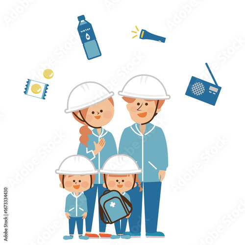 防災　防災用品を考える家族のイラスト