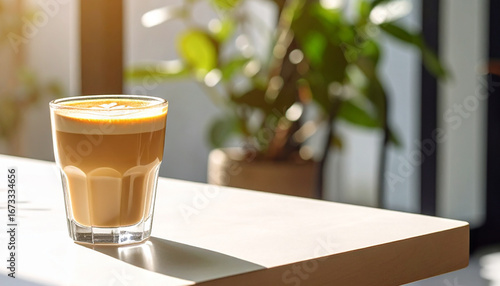 Refreshing coffee drink in a clear glass with froth