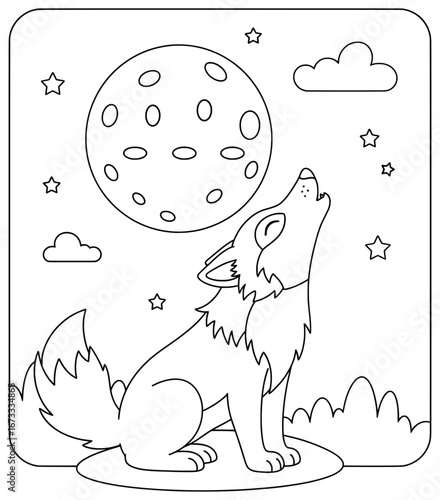 Wolf howling at the full moon surrounded by stars clouds and bushes illustrated in bold clean cartoon line art style as a detailed vector design created for coloring books and graphic resources