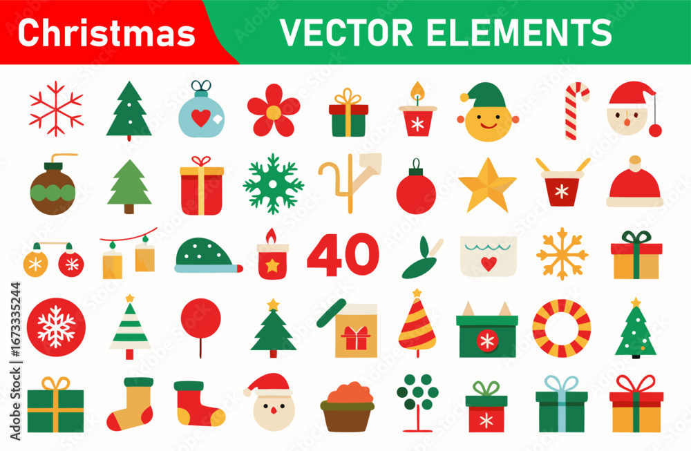 Naklejka premium Christmas Vector Elements Collection with Holiday Icons for Festive Designs