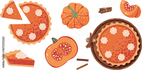 Thanksgiving Pumpkin Pie Set Flat Vector Illustration. American Dessert, Cinnamon, Autumn Leaves. Holiday Baking Design, Posters, Food Packaging, Seasonal Branding. Ideal for Recipes, Festive Decor