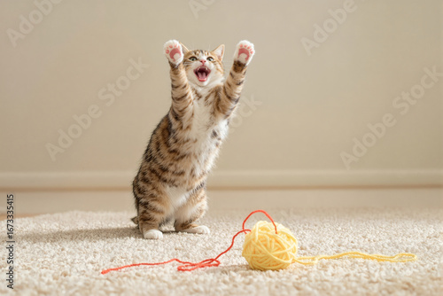 Excited cat batting at colorful yarn ball with raised paws