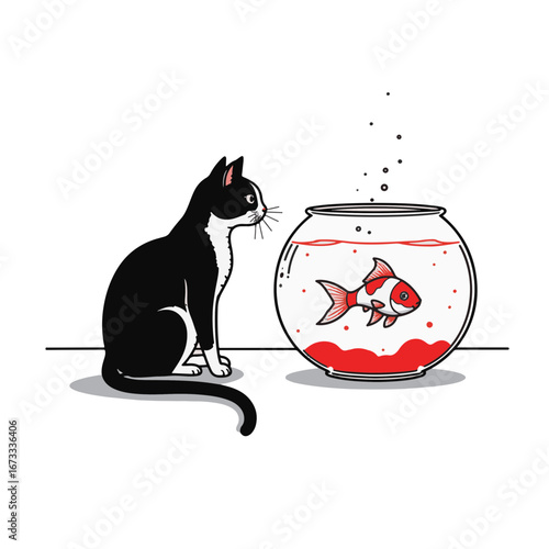 Curious cat watching goldfish in aquarium, minimalist elegance