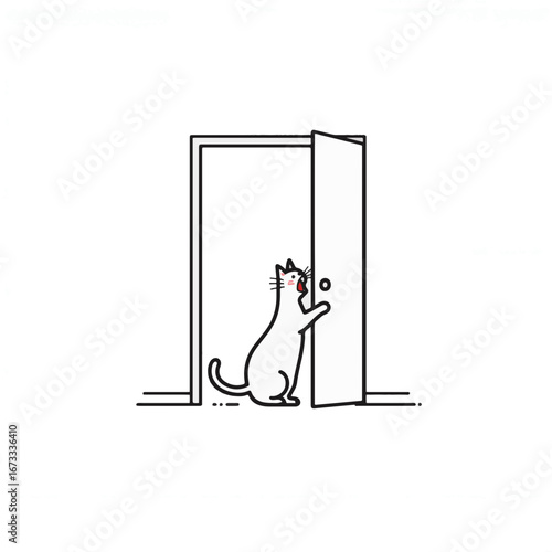 Curious cat meowing at closed door in minimalist style, longing for connection