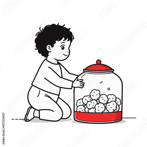 Curious child reaching for cookies from jar, playful desire