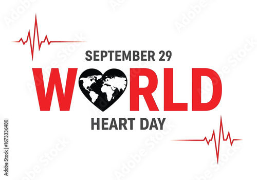 Vector illustration of world heart day september 29 with heartbeat line and world map heart graphic