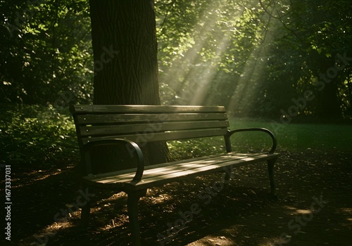 Empty Park Bench Bathed in Sun Rays Under a Lush Green Tree