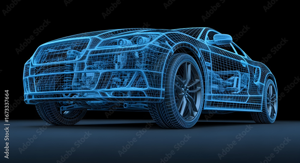 Naklejka premium Blue Wireframe Sports Car Concept Low Angle on Dark Background Shows Modern Vehicle Design