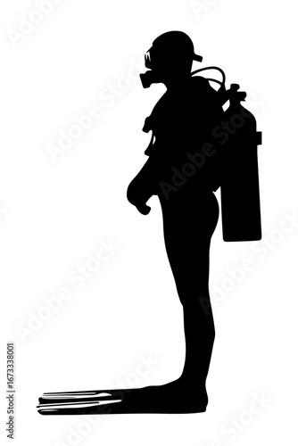 Silhouette of a scuba diver standing with diving gear