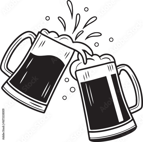 Beer Mugs Cheers Illustration – Toasting Glasses with Foam and Splash Vector Design
