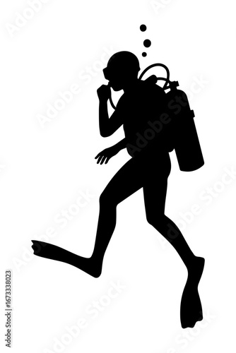 Silhouette of a scuba diver treading water