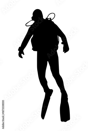 Silhouette of a scuba diver treading water