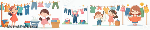 vector of a little girl drying clothes