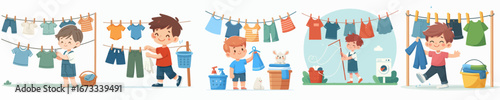 vector of a little girl drying clothes