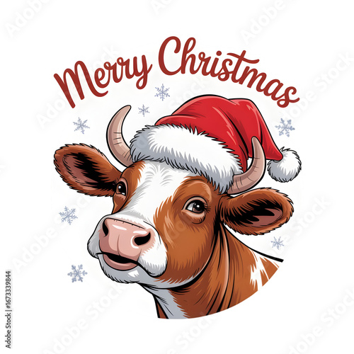Festive cow with santa hat wishing merry christmas isolated on transparent background illustration