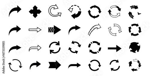 White directional graphics on black background