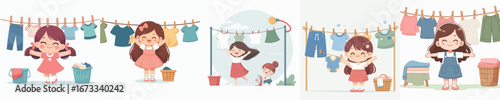vector of a little girl drying clothes