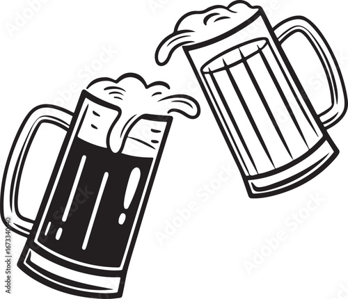 Beer Mugs Cheers Illustration – Toasting Glasses with Foam and Splash Vector Design