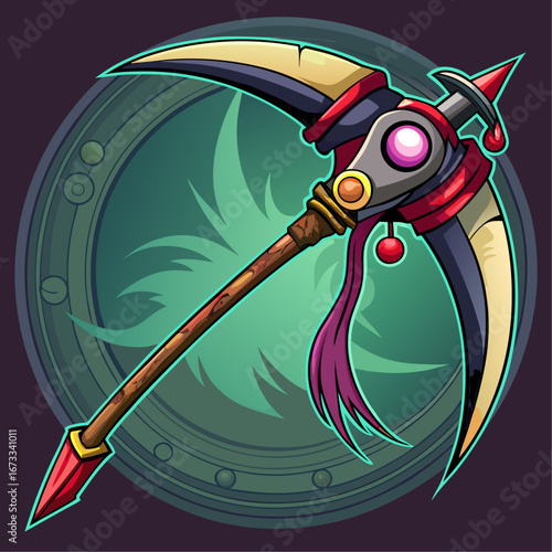 Fantasy scythe weapon with ornate details and magical aura isolated on white background isolated on transparent background