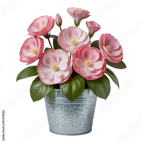 Beautiful pink flowers in a metal bucket isolated on transparent background, a perfect gift idea