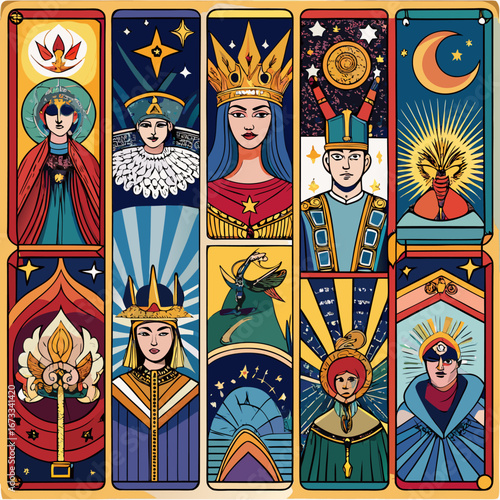 Artistic tarot card illustrations featuring celestial beings and mythical figures isolated on white background isolated on transparent background
