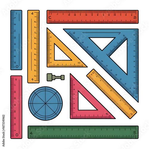 Collection of colorful rulers and triangles isolated on transparent background for school