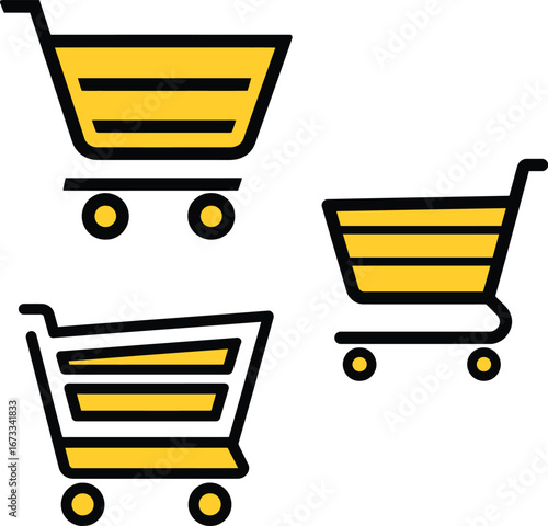 Three yellow shopping carts with black outlines are displayed on a white background in a simple design
